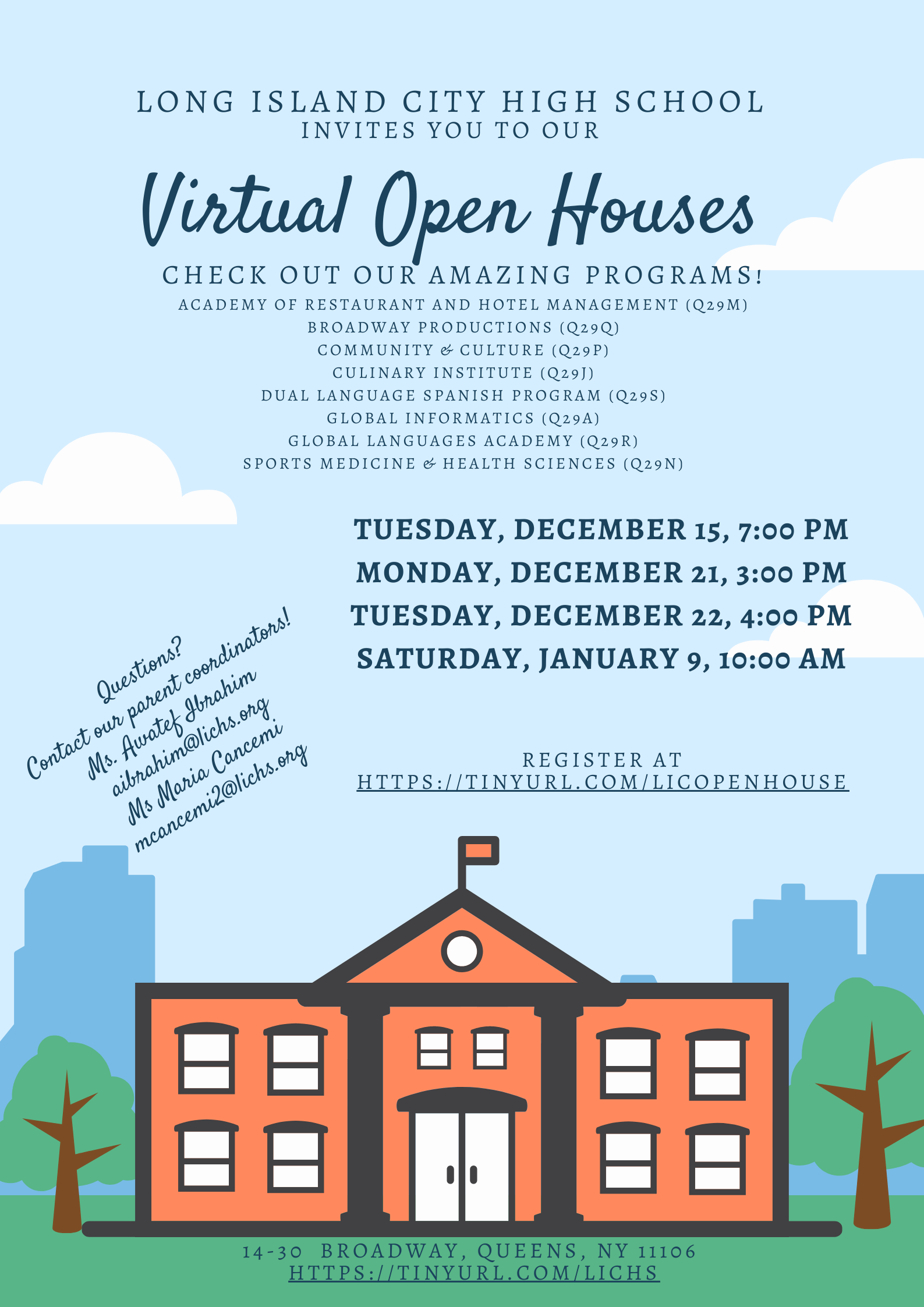 LICHS Virtual Open Houses flyer with list of programs and dates
